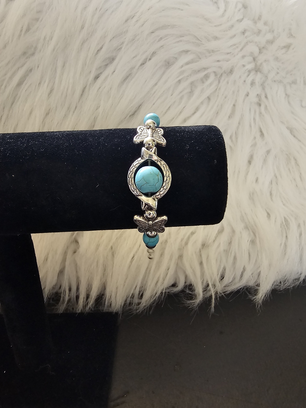 Silver Butterfly Bracelet with Turquoise Beads - Women Jewelry